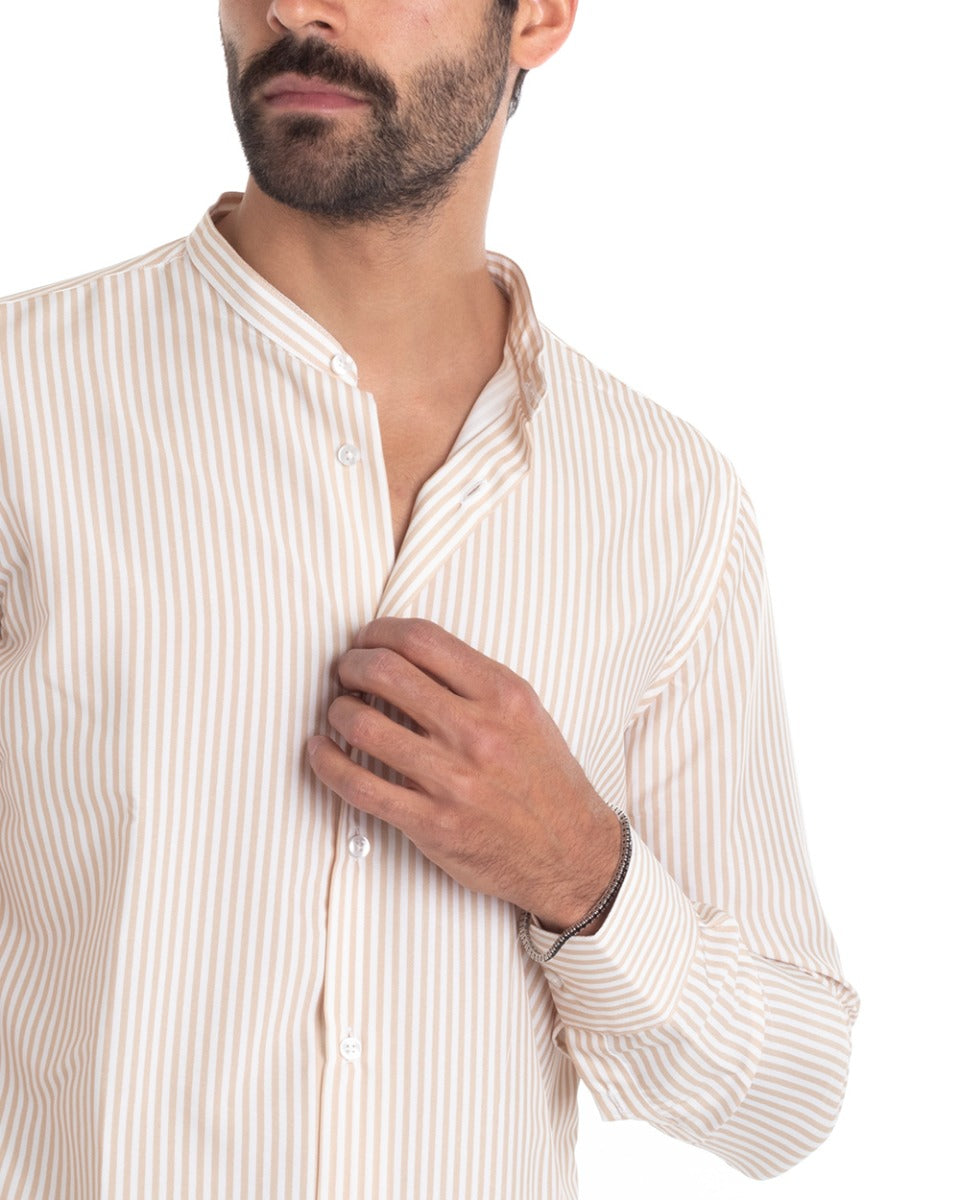 Camicia Uomo Viscosa Collo Coreano Manica Lunga Regular Fit Riga Stretta Beige GIOSAL-C2425A