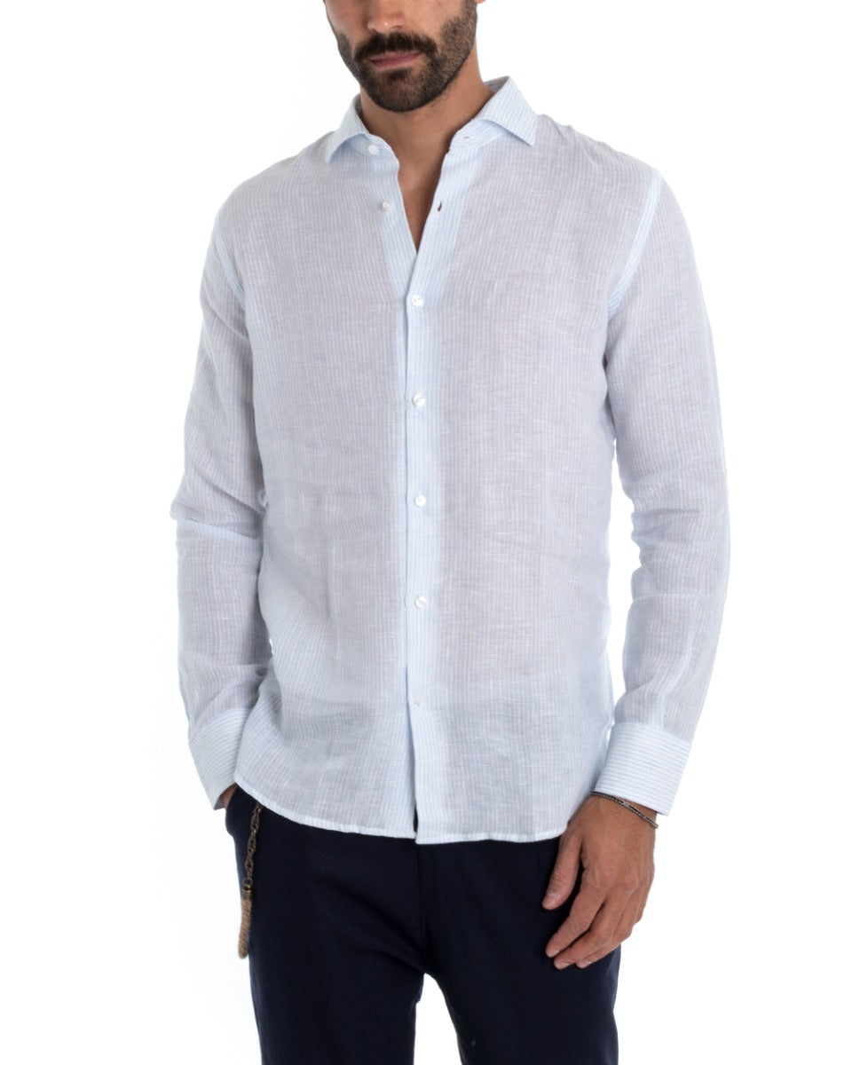 Camicia Uomo Lino Con Colletto Manica Lunga Regular Fit Riga Stretta Celeste GIOSAL-C2426A