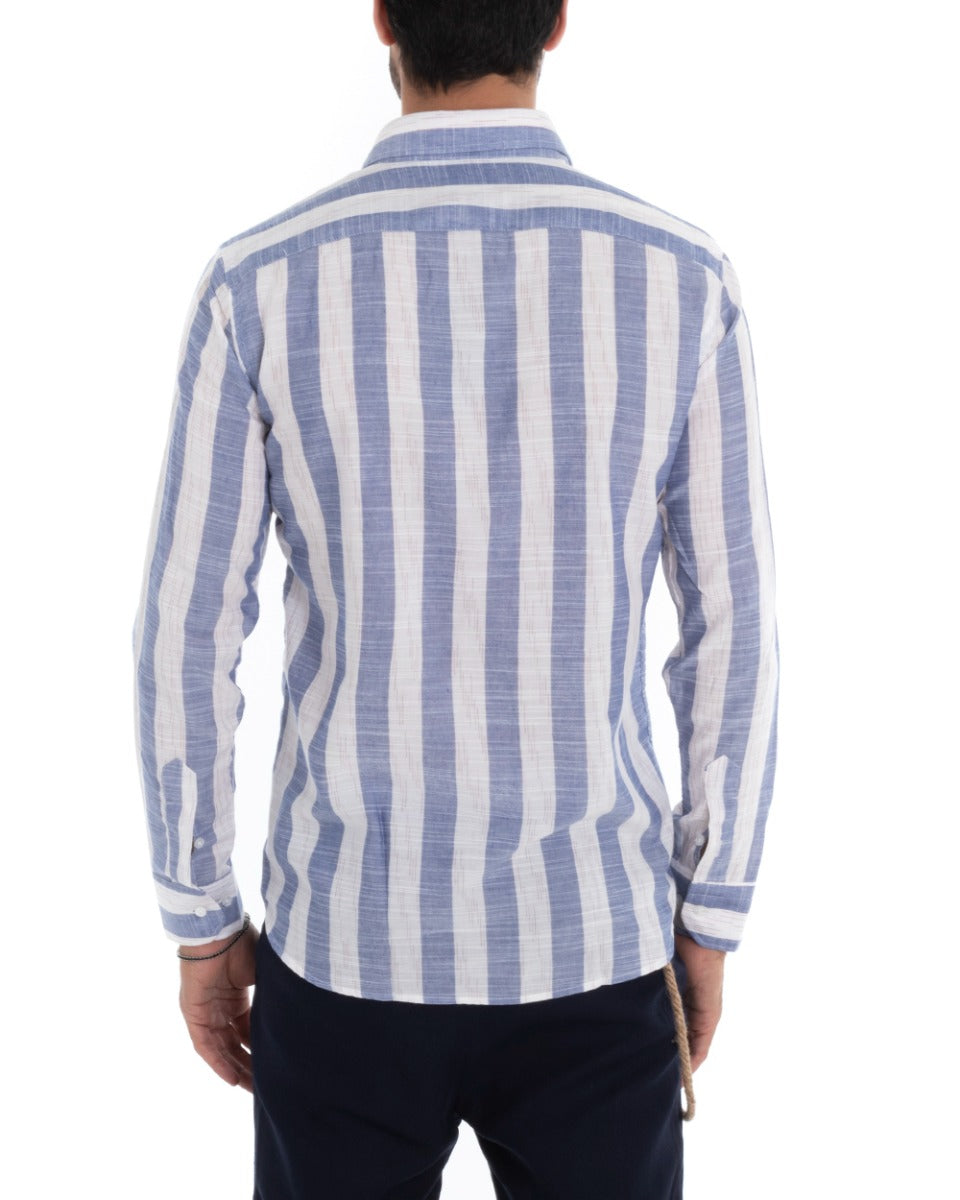 Camicia Uomo Lino Con Colletto Manica Lunga Regular Fit Riga Larga Blu GIOSAL-C2427A