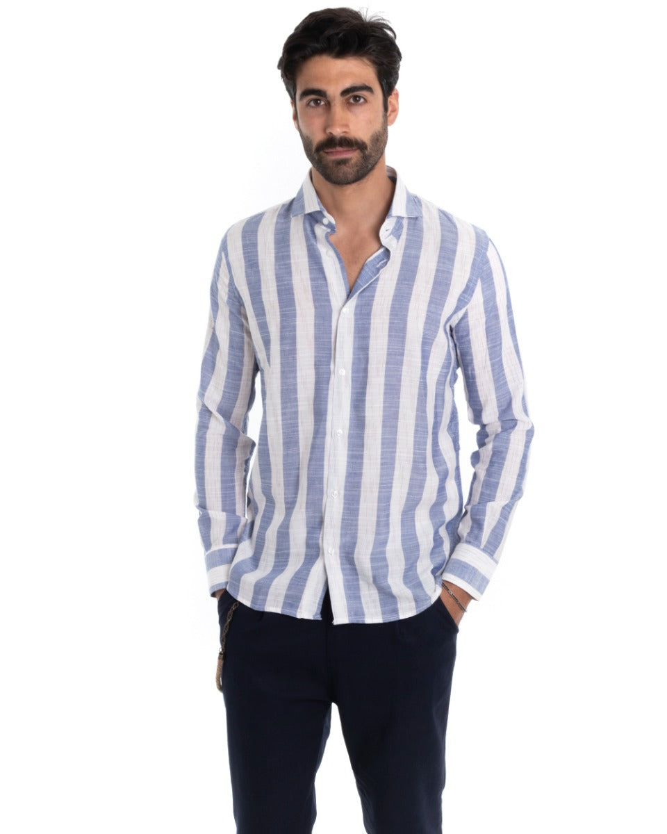 Camicia Uomo Lino Con Colletto Manica Lunga Regular Fit Riga Larga Blu GIOSAL-C2427A
