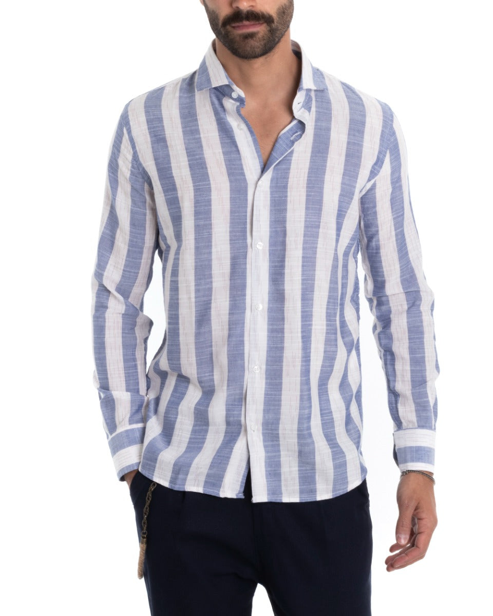 Camicia Uomo Lino Con Colletto Manica Lunga Regular Fit Riga Larga Blu GIOSAL-C2427A