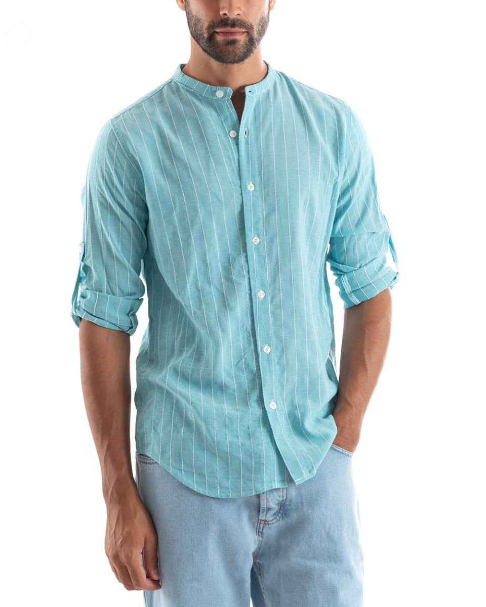 Camicia Uomo Collo Coreano Manica Lunga Lino Cotone Rigata Azzurro GIOSAL-C2452A
