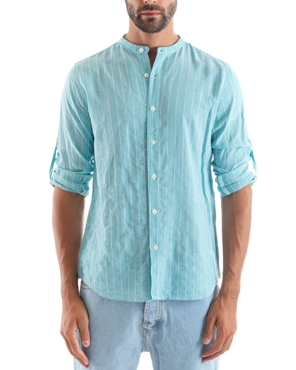 Camicia Uomo Collo Coreano Manica Lunga Lino Cotone Rigata Azzurro GIOSAL-C2452A