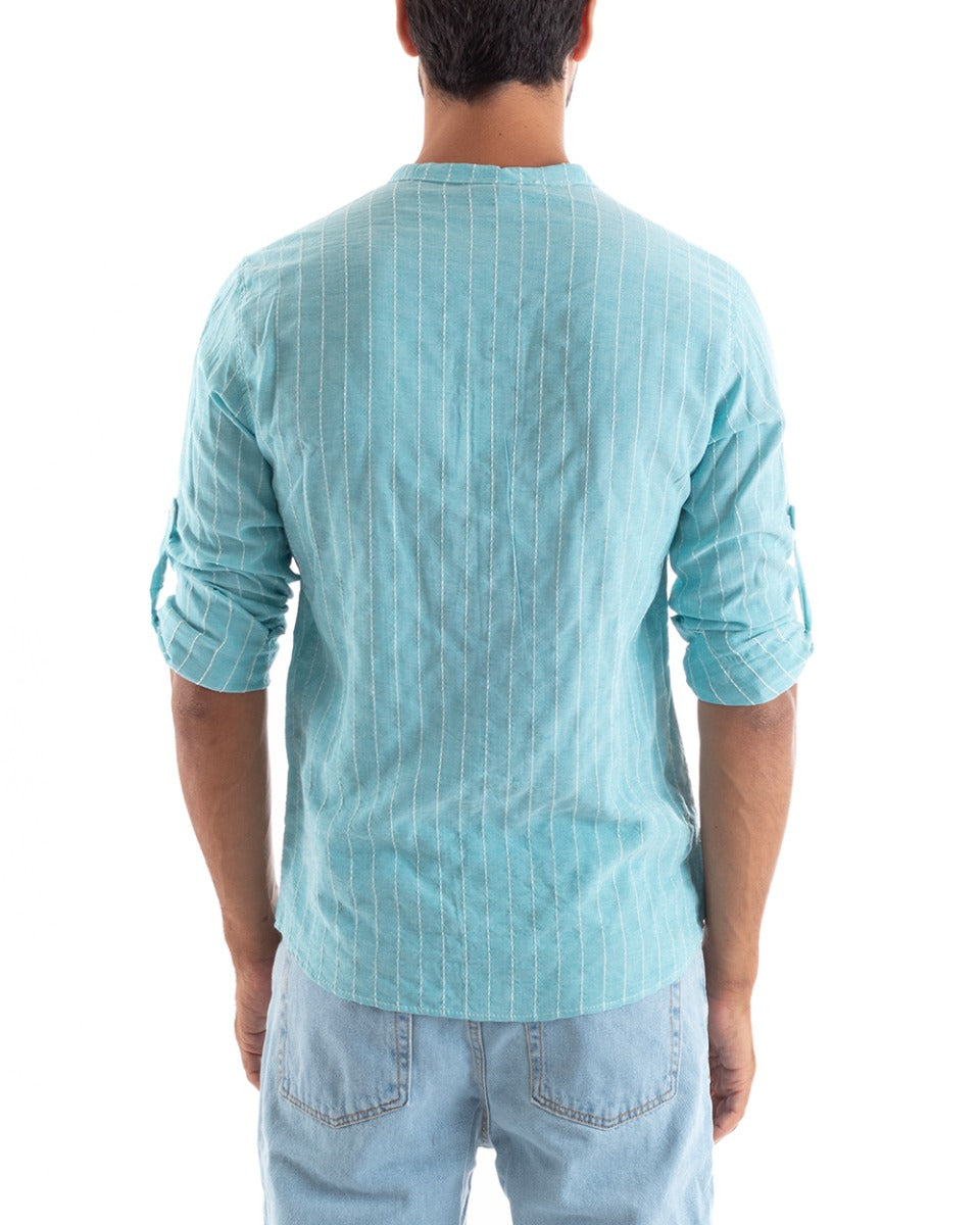 Camicia Uomo Collo Coreano Manica Lunga Lino Cotone Rigata Azzurro GIOSAL-C2452A
