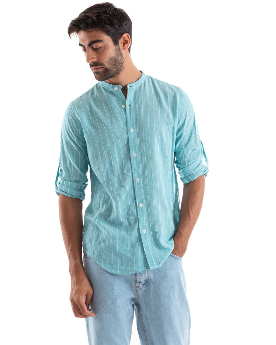 Camicia Uomo Collo Coreano Manica Lunga Lino Cotone Rigata Azzurro GIOSAL-C2452A