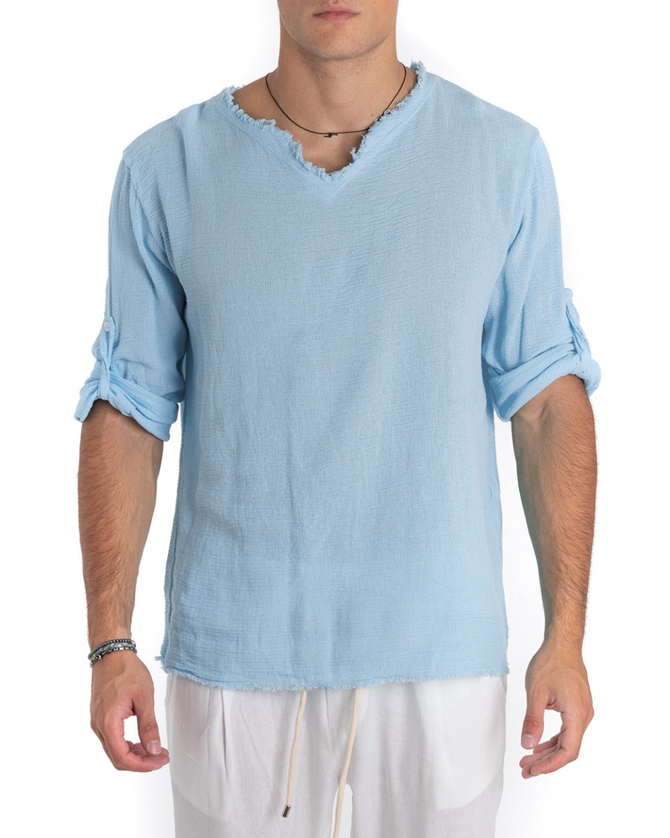 Camicia Uomo Collo V Manica Lunga Regular Fit Cotone Lino Sfrangiata Celeste GIOSAL-C2462A