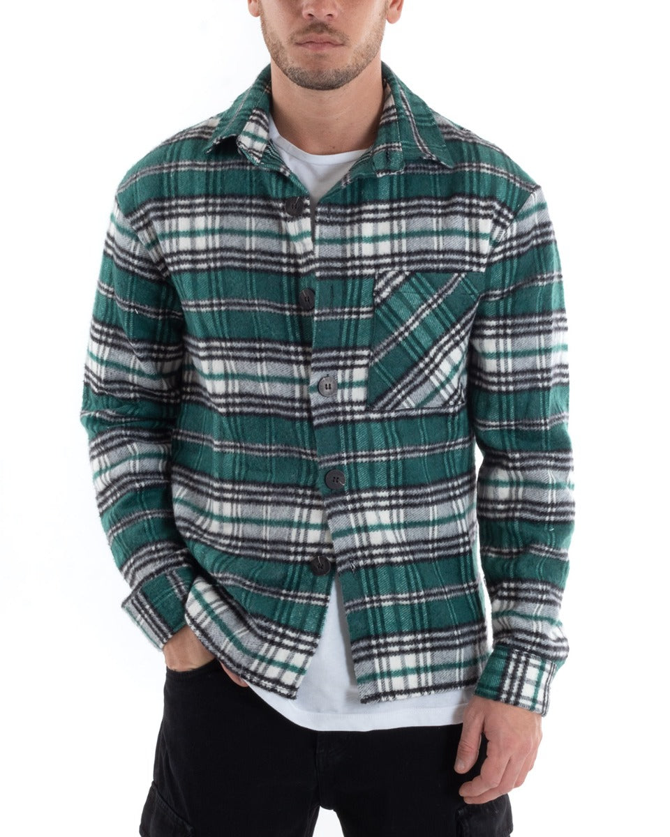 Camicia Camicione Uomo Tartan Con Colletto Overshirt Caldo Fantasia Quadri Scozzese Verde GIOSAL-C2648A