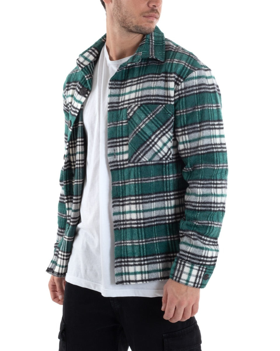 Camicia Camicione Uomo Tartan Con Colletto Overshirt Caldo Fantasia Quadri Scozzese Verde GIOSAL-C2648A