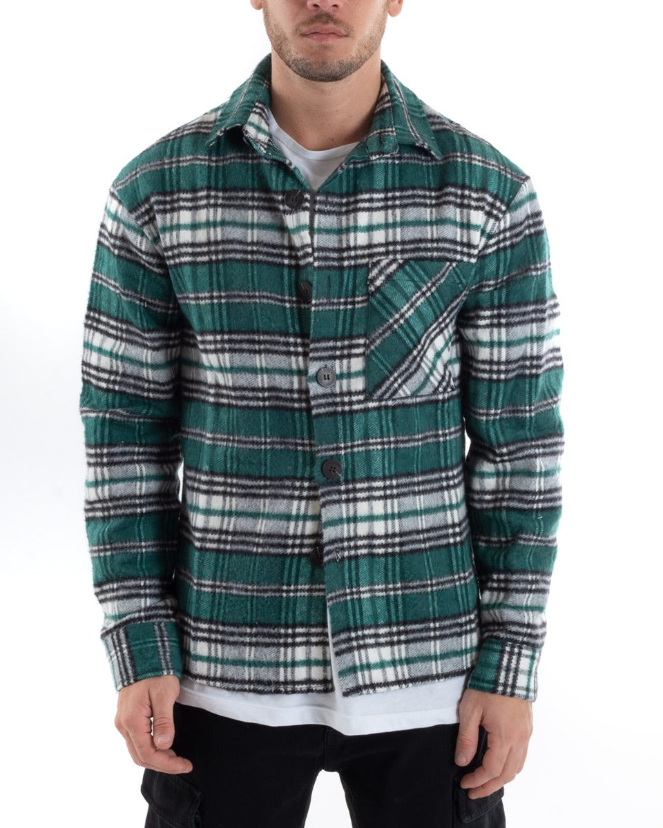 Camicia Camicione Uomo Tartan Con Colletto Overshirt Caldo Fantasia Quadri Scozzese Verde GIOSAL-C2648A