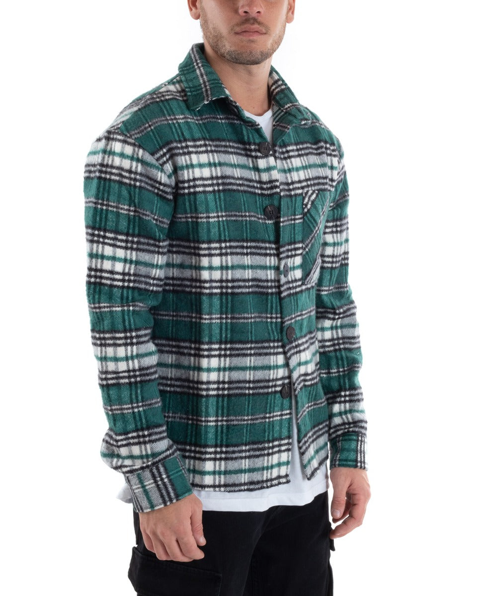 Camicia Camicione Uomo Tartan Con Colletto Overshirt Caldo Fantasia Quadri Scozzese Verde GIOSAL-C2648A