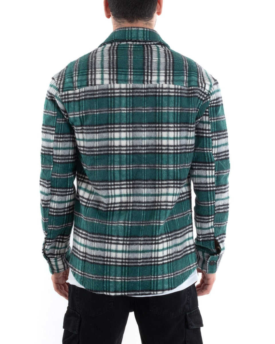 Camicia Camicione Uomo Tartan Con Colletto Overshirt Caldo Fantasia Quadri Scozzese Verde GIOSAL-C2648A