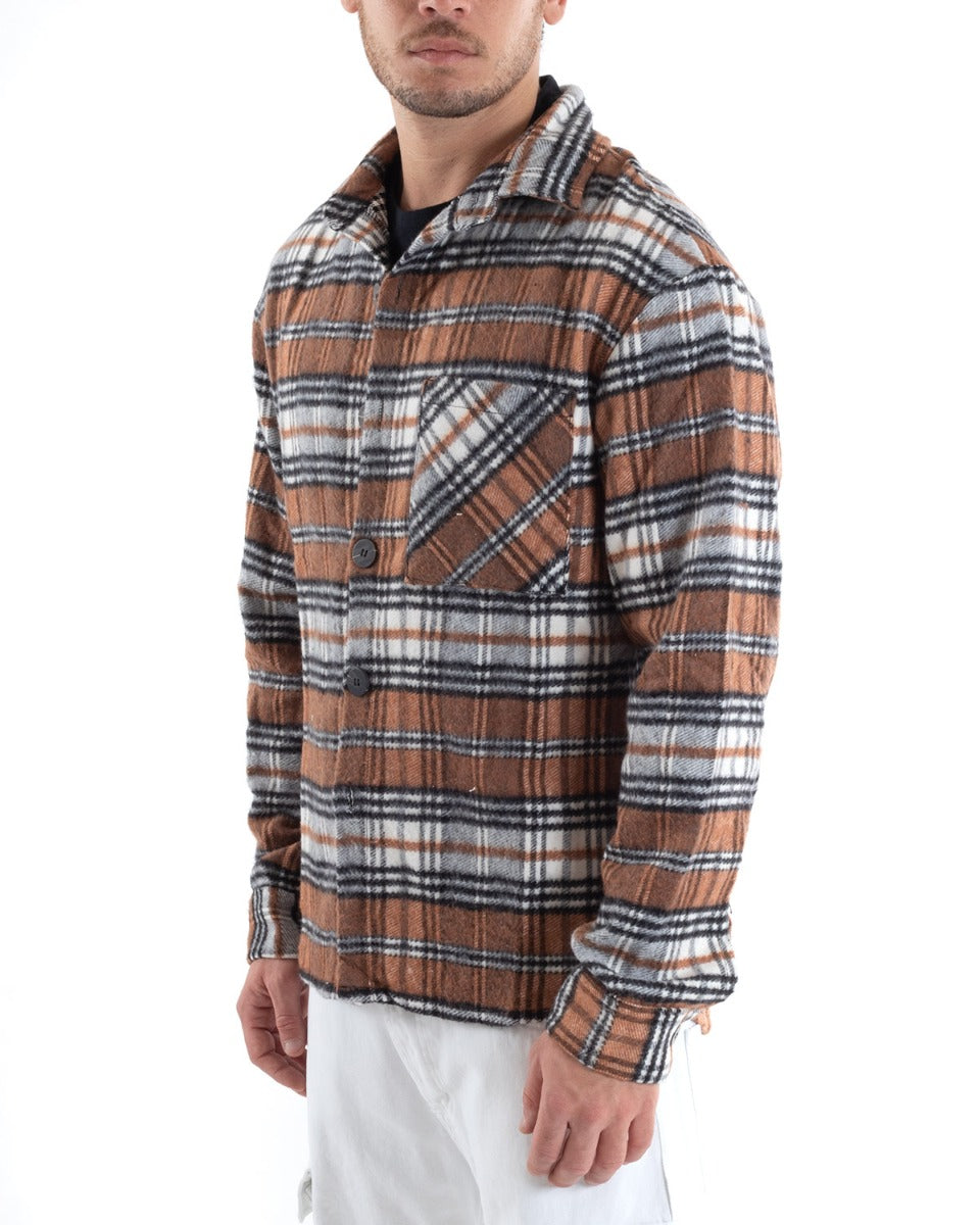 Camicia Camicione Uomo Tartan Con Colletto Overshirt Caldo Fantasia Quadri Scozzese Casual Camel GIOSAL-C2649A