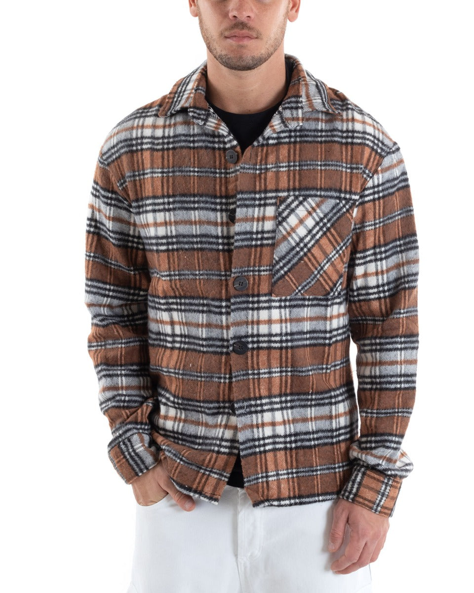 Camicia Camicione Uomo Tartan Con Colletto Overshirt Caldo Fantasia Quadri Scozzese Casual Camel GIOSAL-C2649A