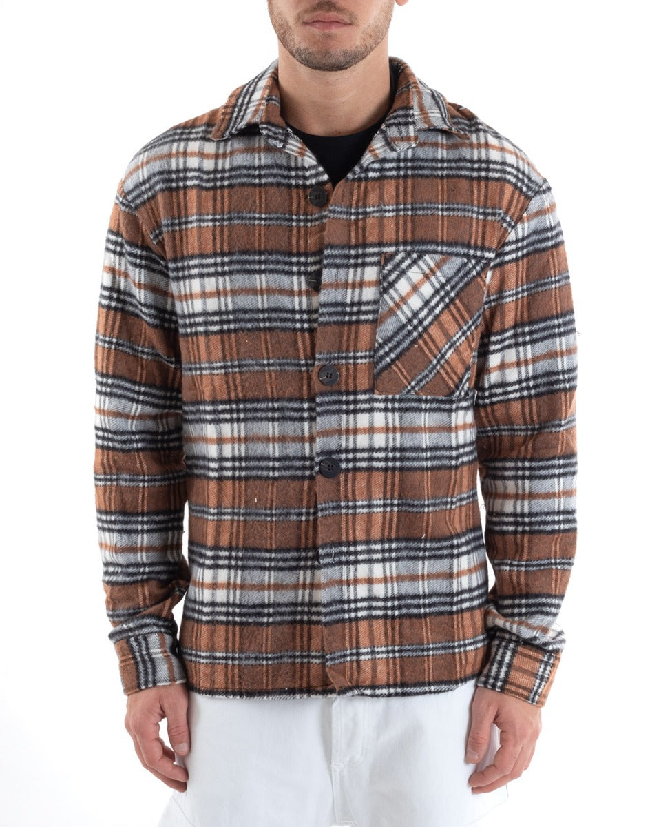 Camicia Camicione Uomo Tartan Con Colletto Overshirt Caldo Fantasia Quadri Scozzese Casual Camel GIOSAL-C2649A