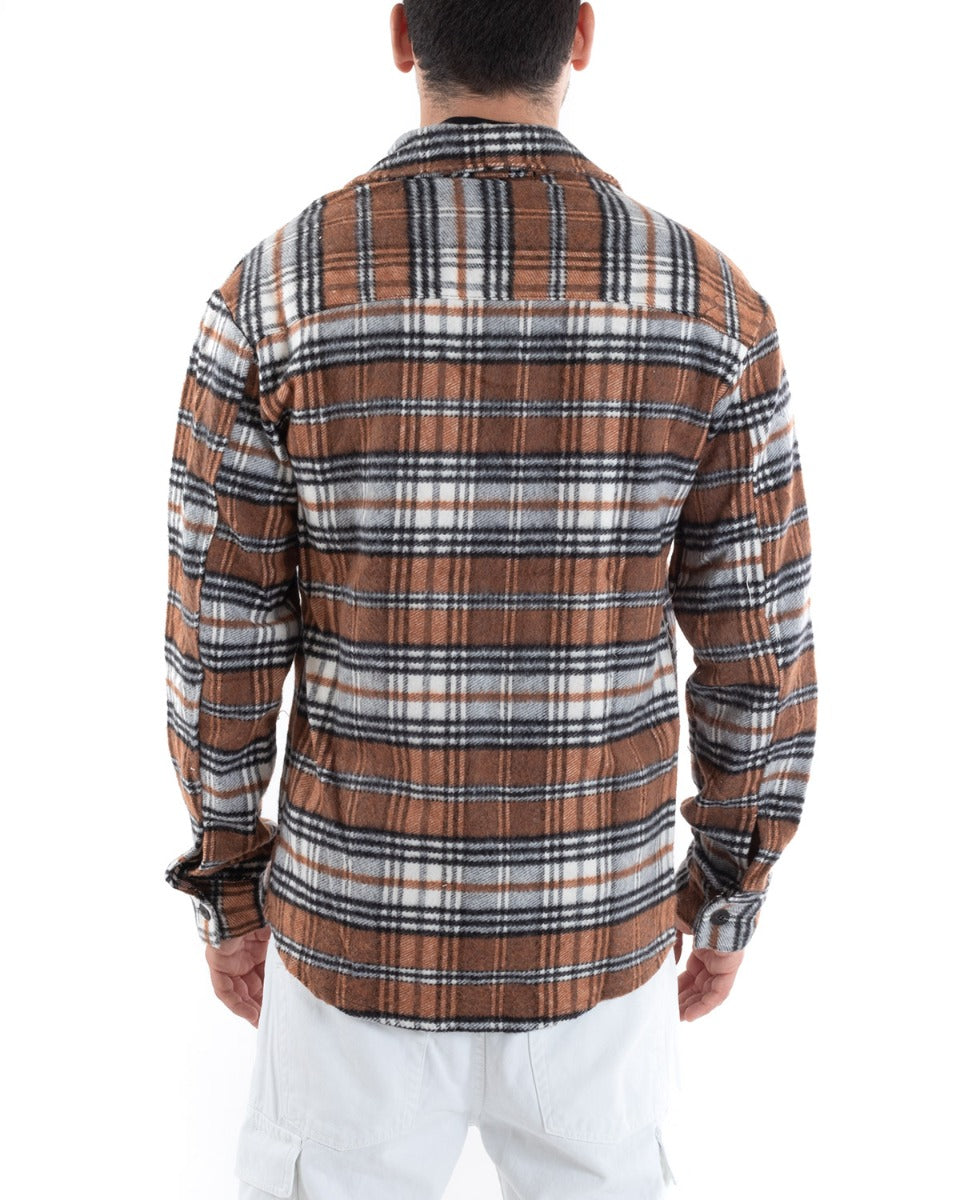 Camicia Camicione Uomo Tartan Con Colletto Overshirt Caldo Fantasia Quadri Scozzese Casual Camel GIOSAL-C2649A