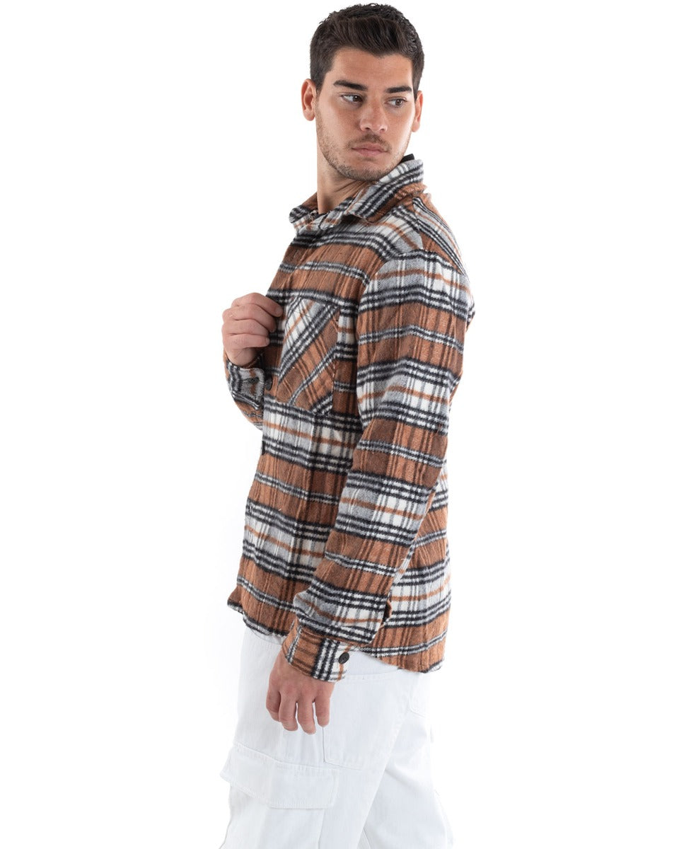 Camicia Camicione Uomo Tartan Con Colletto Overshirt Caldo Fantasia Quadri Scozzese Casual Camel GIOSAL-C2649A