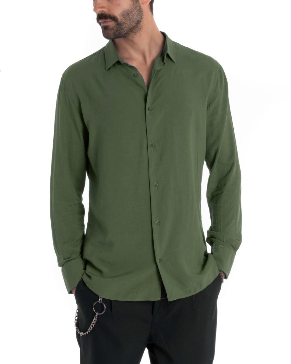 Camicia Uomo Sartoriale Con Colletto Manica Lunga Basic Viscosa Morbida Verde Militare GIOSAL-C2650A