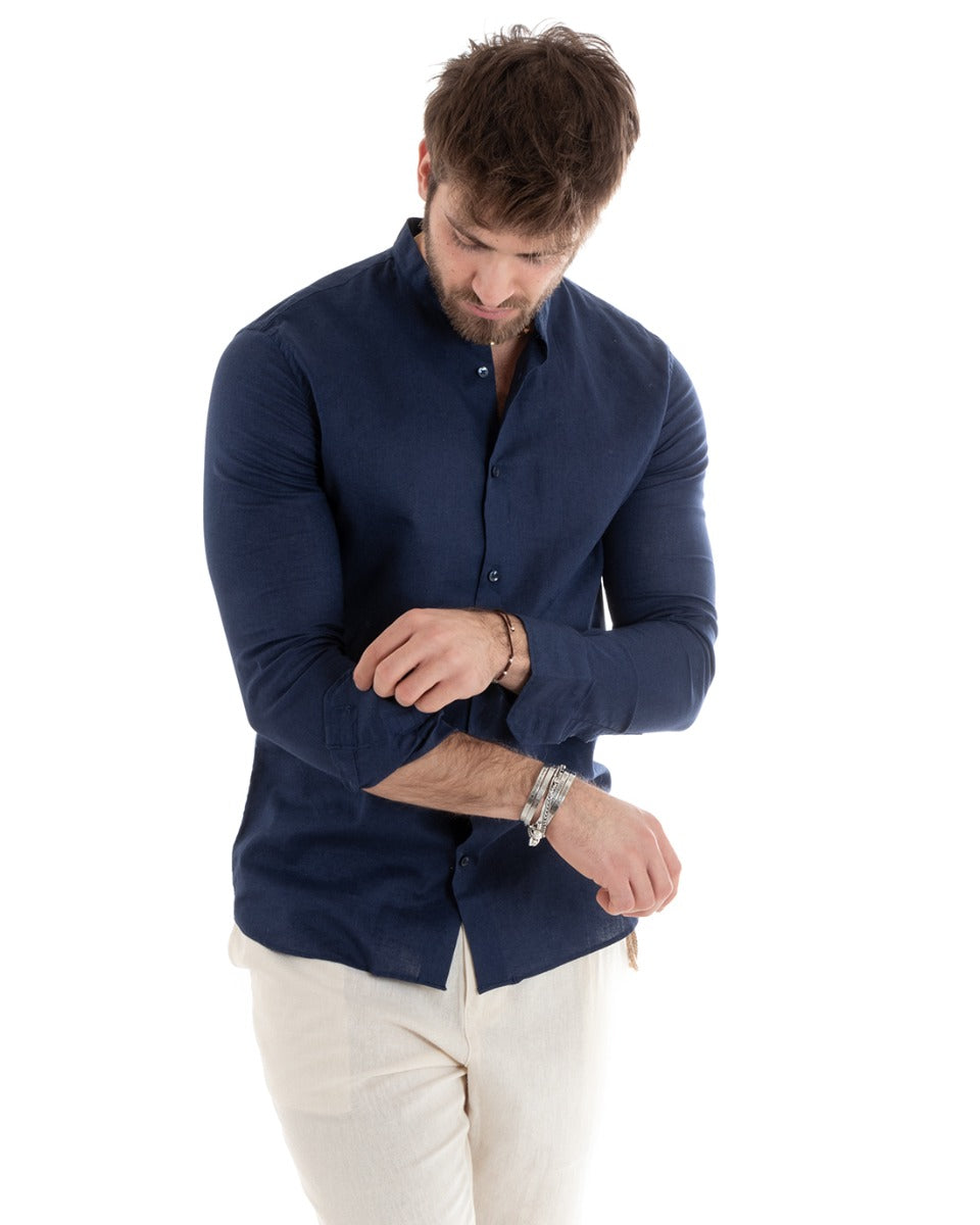 Camicia Uomo Lino Collo Coreano Sartoriale Morbida Tinta Unita Blu GIOSAL-C2664A