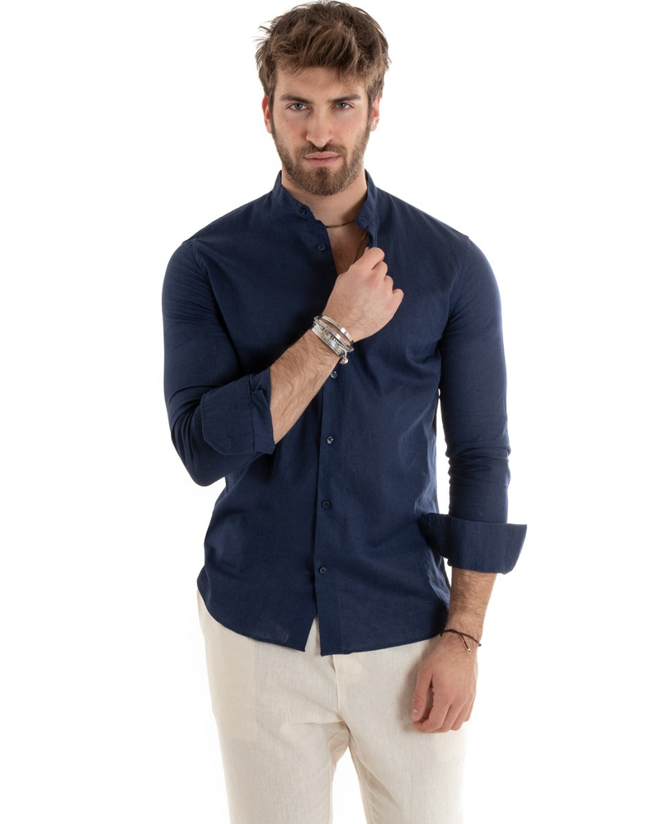 Camicia Uomo Lino Collo Coreano Sartoriale Morbida Tinta Unita Blu GIOSAL-C2664A