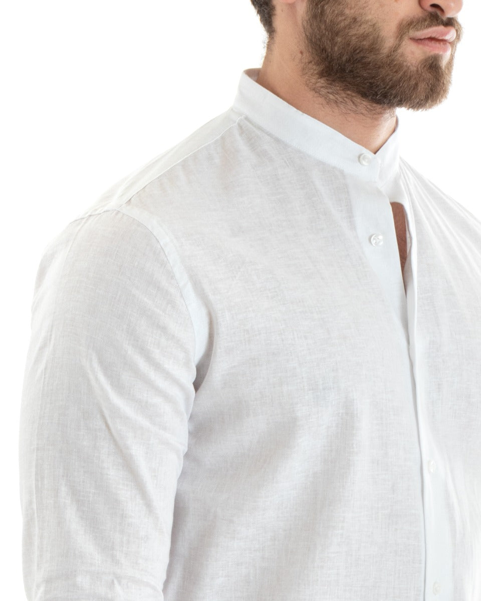 Camicia Uomo Lino Collo Coreano Sartoriale Morbida Tinta Unita Bianco GIOSAL-C2665A