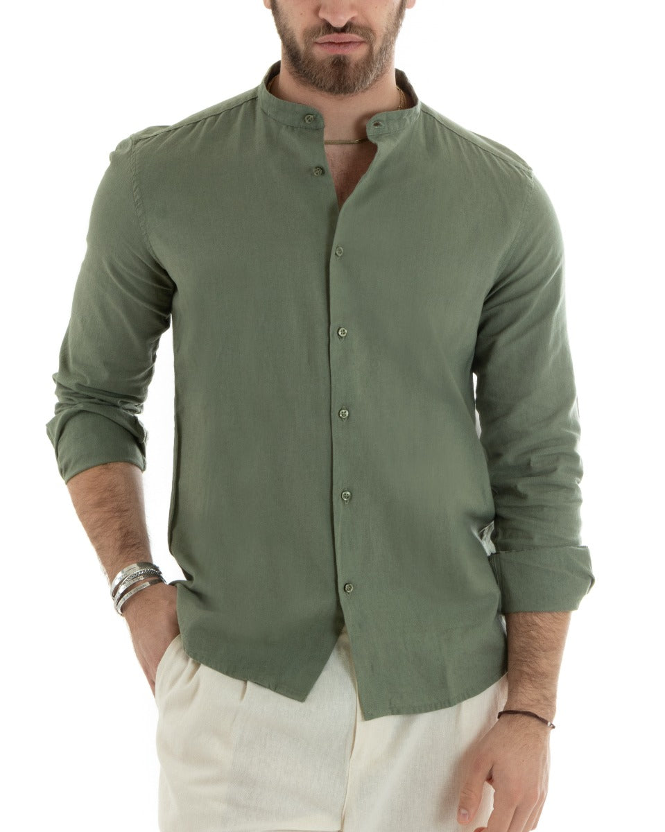 Camicia Uomo Lino Collo Coreano Sartoriale Morbida Tinta Unita Verde Militare GIOSAL-C2666A
