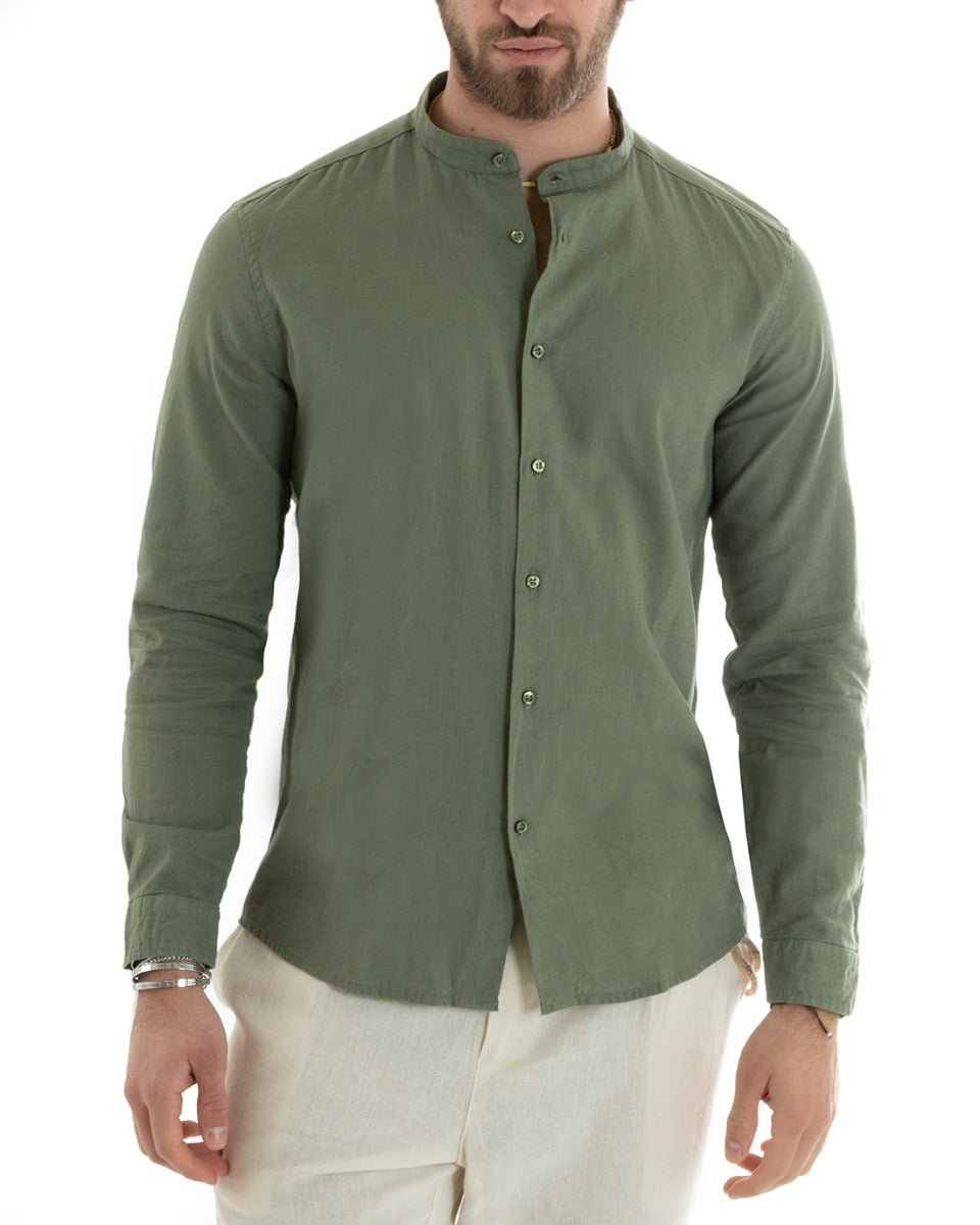 Camicia Uomo Collo Coreano Manica Lunga Lino Tinta Unita Sartoriale Verde Militare GIOSAL-C2666A