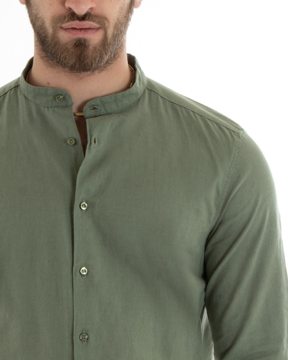 Camicia Uomo Collo Coreano Maniche Lunghe Lino Tinta Unita Sartoriale Verde Militare GIOSAL-C2666A