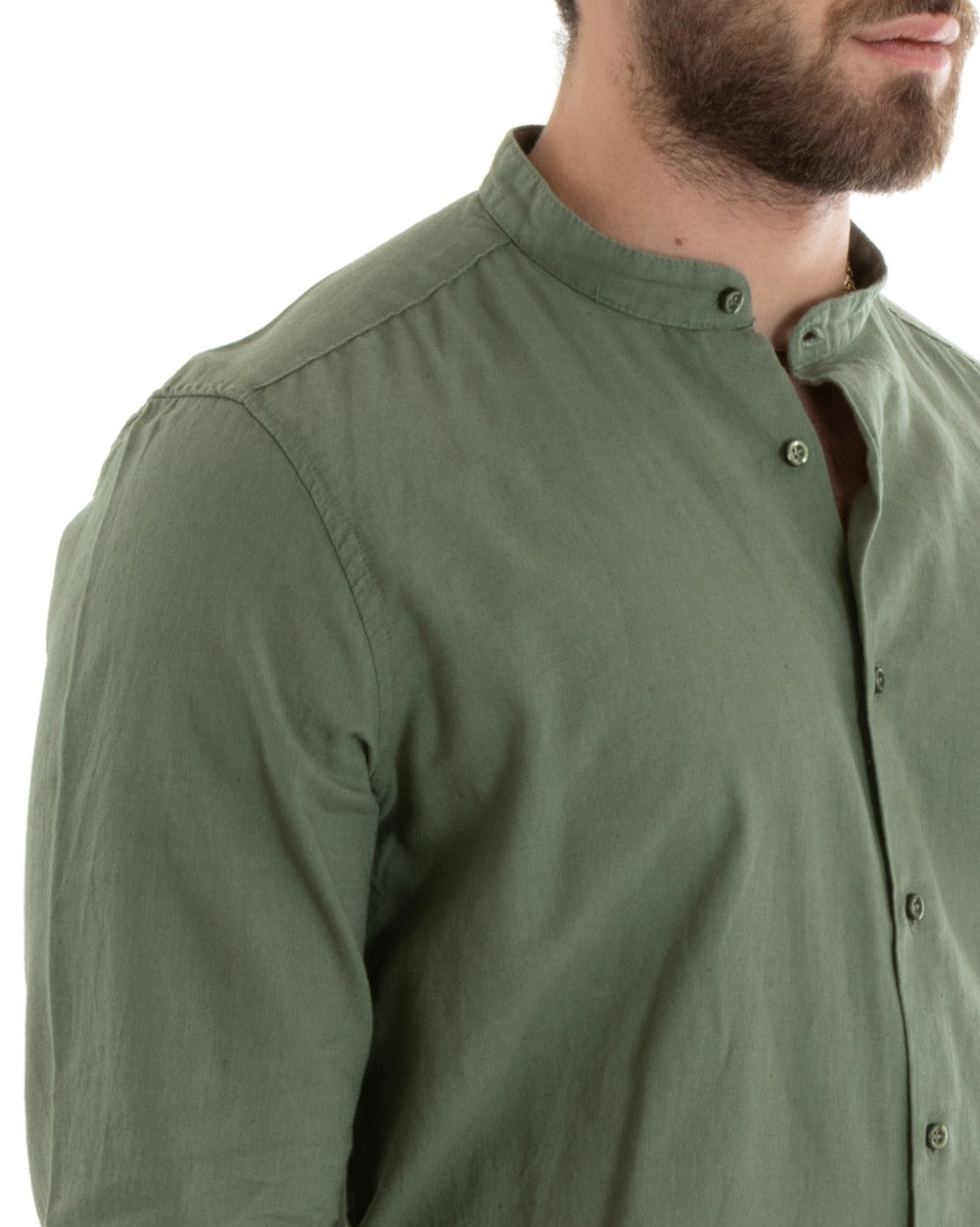 Camicia Uomo Collo Coreano Maniche Lunghe Lino Tinta Unita Sartoriale Verde Militare GIOSAL-C2666A