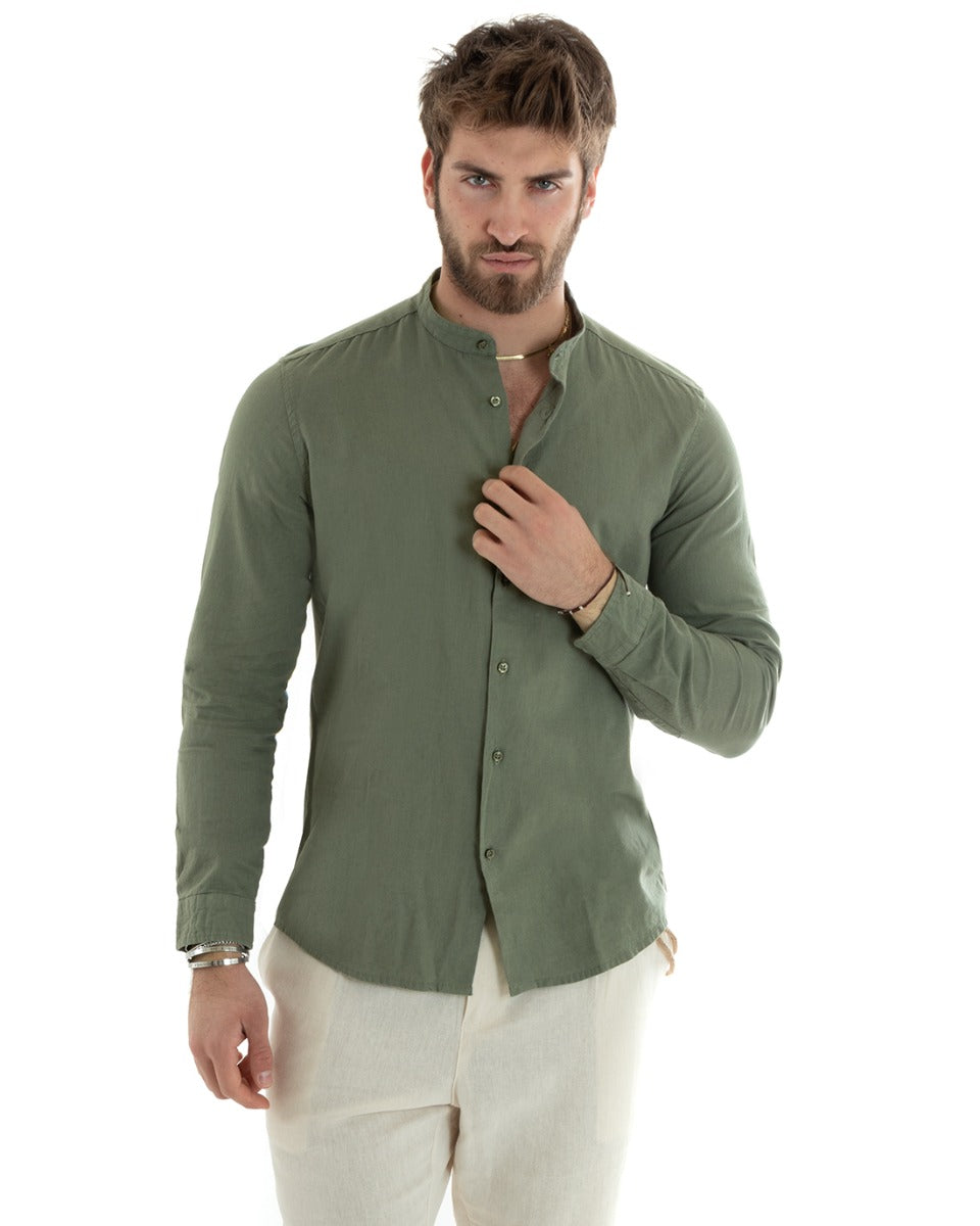 Camicia Uomo Collo Coreano Maniche Lunghe Lino Tinta Unita Sartoriale Verde Militare GIOSAL-C2666A