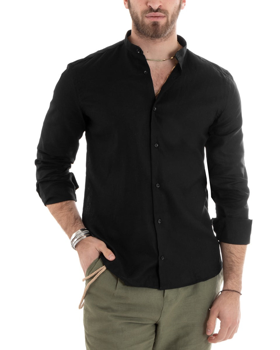 Camicia Uomo Lino Collo Coreano Sartoriale Morbida Tinta Unita Nero GIOSAL-C2667A