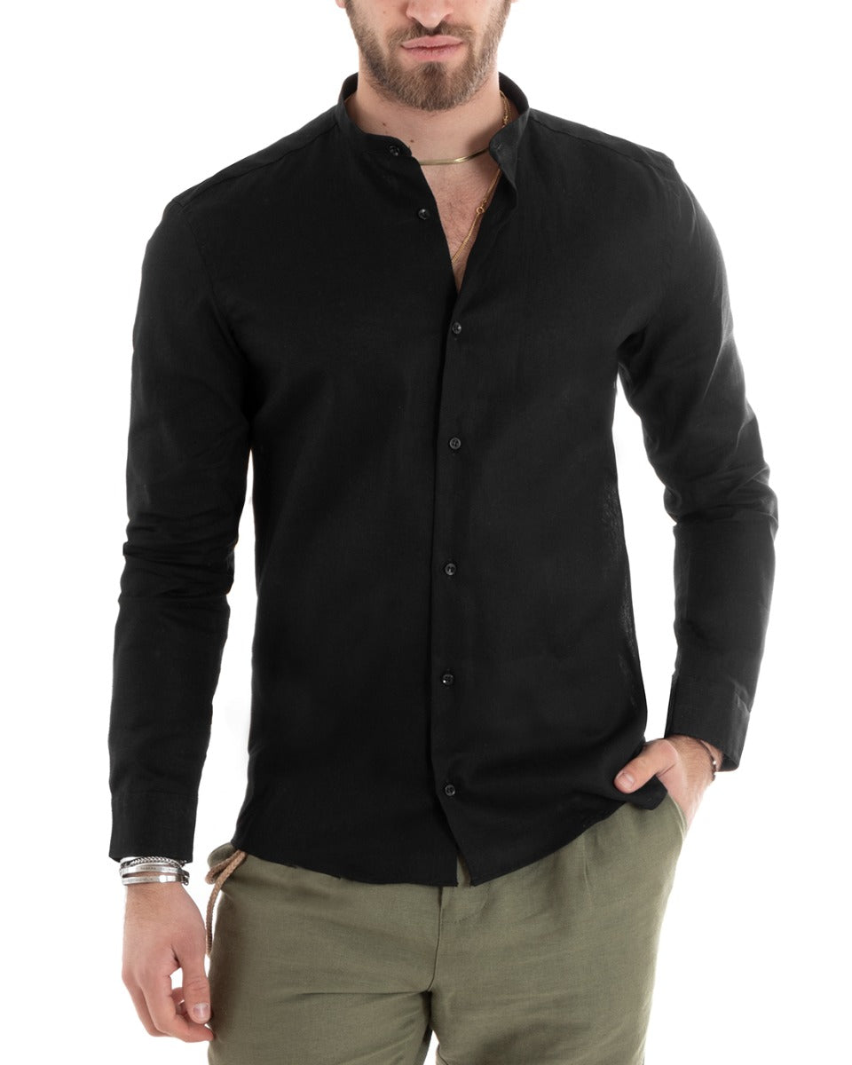 Camicia Uomo Lino Collo Coreano Sartoriale Morbida Tinta Unita Nero GIOSAL-C2667A