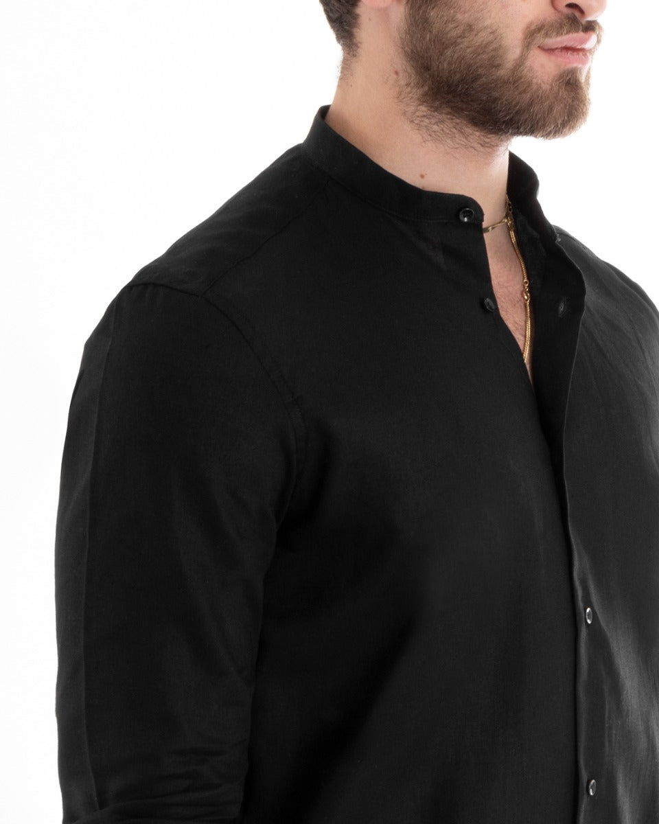 Camicia Uomo Lino Collo Coreano Sartoriale Morbida Tinta Unita Nero GIOSAL-C2667A