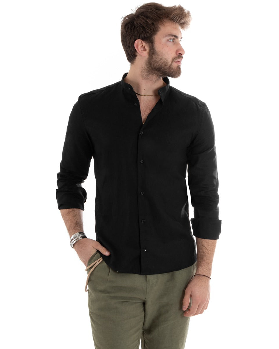 Camicia Uomo Collo Coreano Manica Lunga Lino Tinta Unita Sartoriale Nero GIOSAL-C2667A