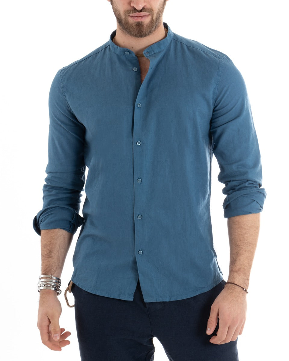 Camicia Uomo Collo Coreano Manica Lunga Lino Tinta Unita Sartoriale Avio GIOSAL-C2668A