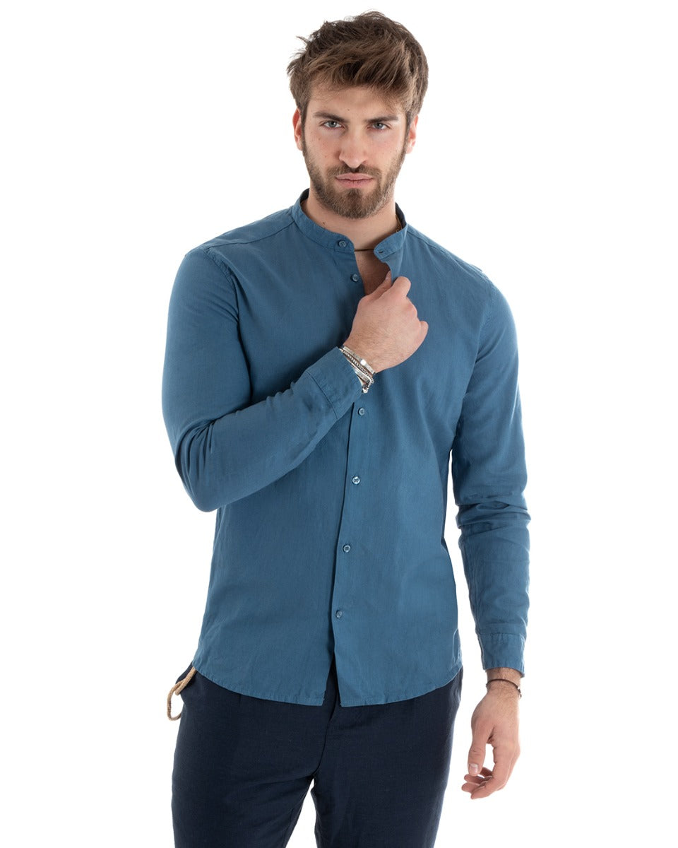 Camicia Uomo Lino Collo Coreano Sartoriale Morbida Tinta Unita Avio GIOSAL-C2668A