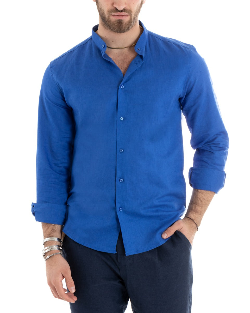 Camicia Uomo Lino Collo Coreano Sartoriale Morbida Tinta Unita Blu Royal GIOSAL-C2669A