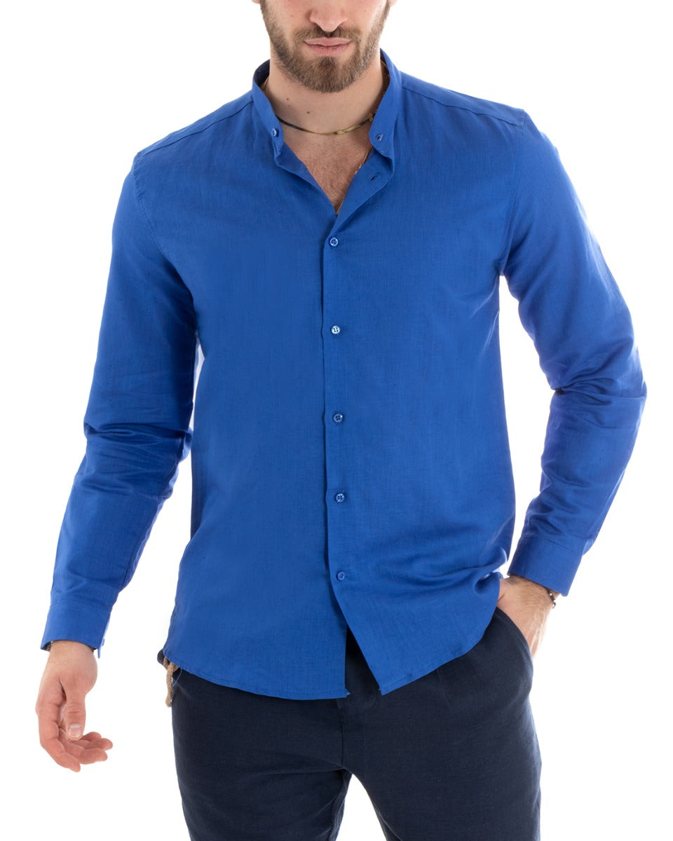 Camicia Uomo Lino Collo Coreano Sartoriale Morbida Tinta Unita Blu Royal GIOSAL-C2669A