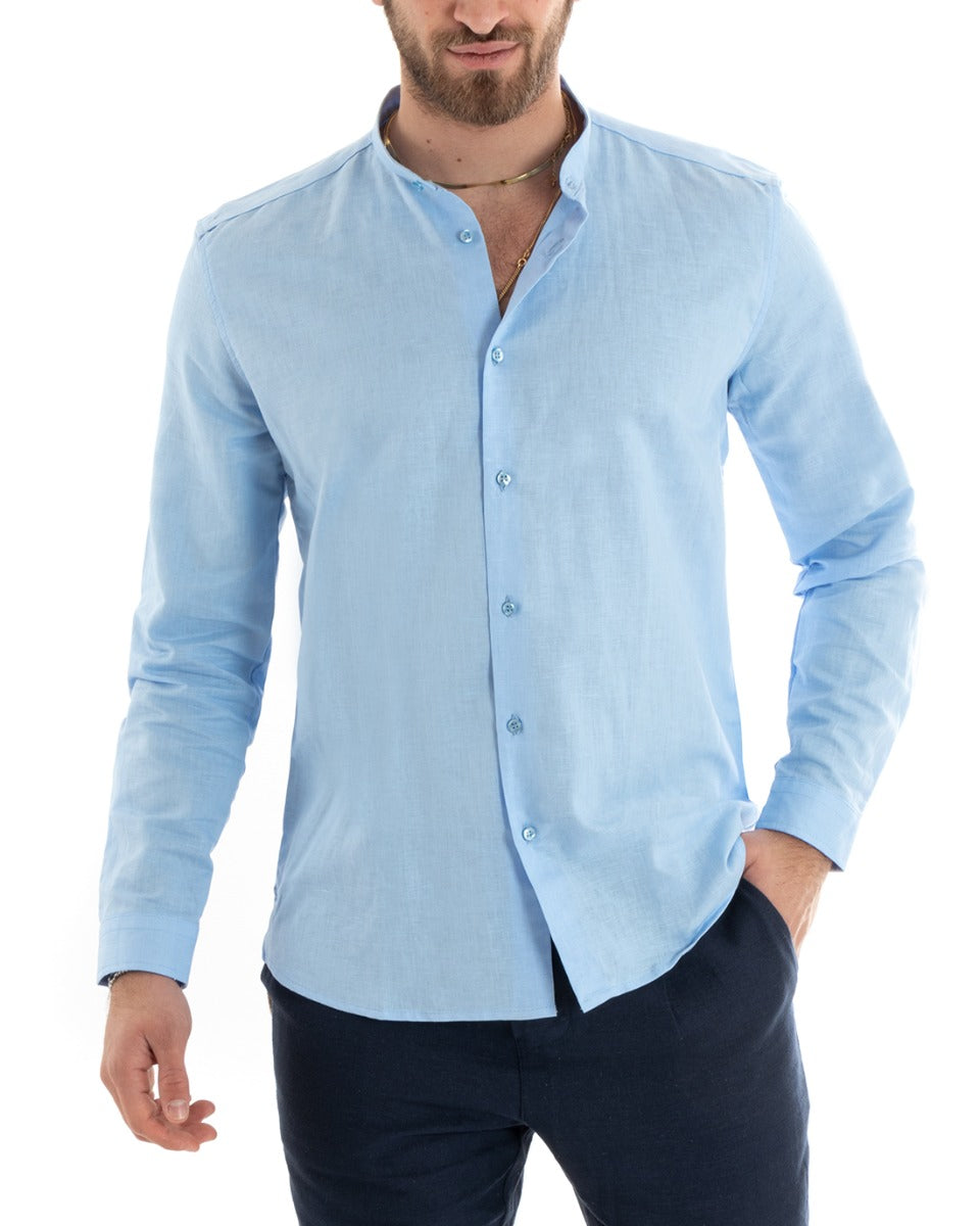 Camicia Uomo Lino Collo Coreano Sartoriale Morbida Tinta Unita Celeste GIOSAL-C2670A