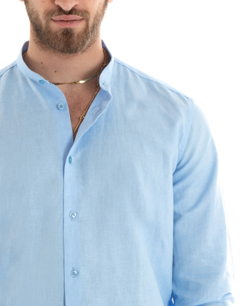 Camicia Uomo Lino Collo Coreano Sartoriale Morbida Tinta Unita Celeste GIOSAL-C2670A