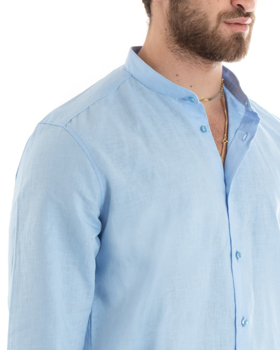 Camicia Uomo Lino Collo Coreano Sartoriale Morbida Tinta Unita Celeste GIOSAL-C2670A