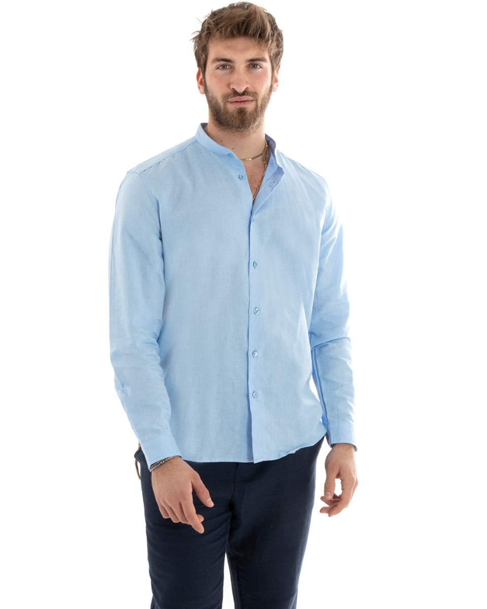 Camicia Uomo Lino Collo Coreano Sartoriale Morbida Tinta Unita Celeste GIOSAL-C2670A