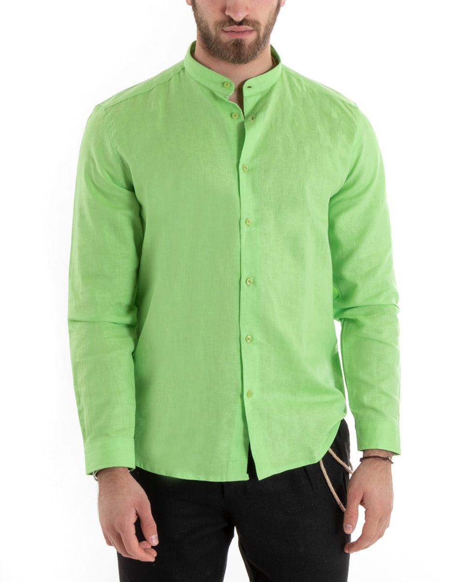 Camicia Uomo Lino Collo Coreano Sartoriale Morbida Tinta Unita Verde Acido GIOSAL-C2671A