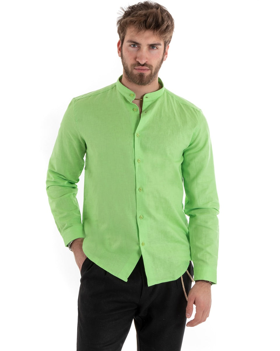 Camicia Uomo Lino Collo Coreano Sartoriale Morbida Tinta Unita Verde Acido GIOSAL-C2671A