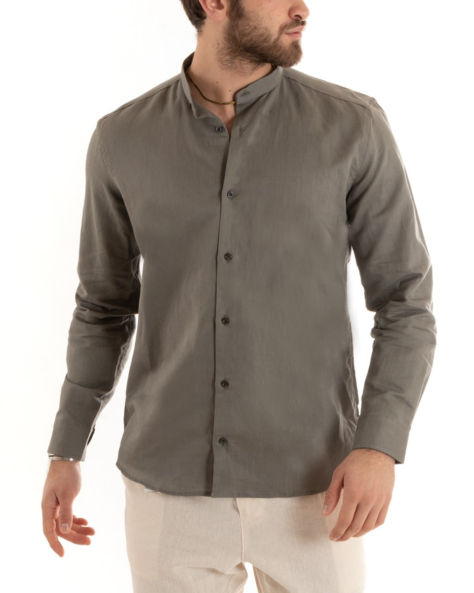 Men's Mandarin Collar Shirt Long Sleeve Linen Solid Color Tailored Mud