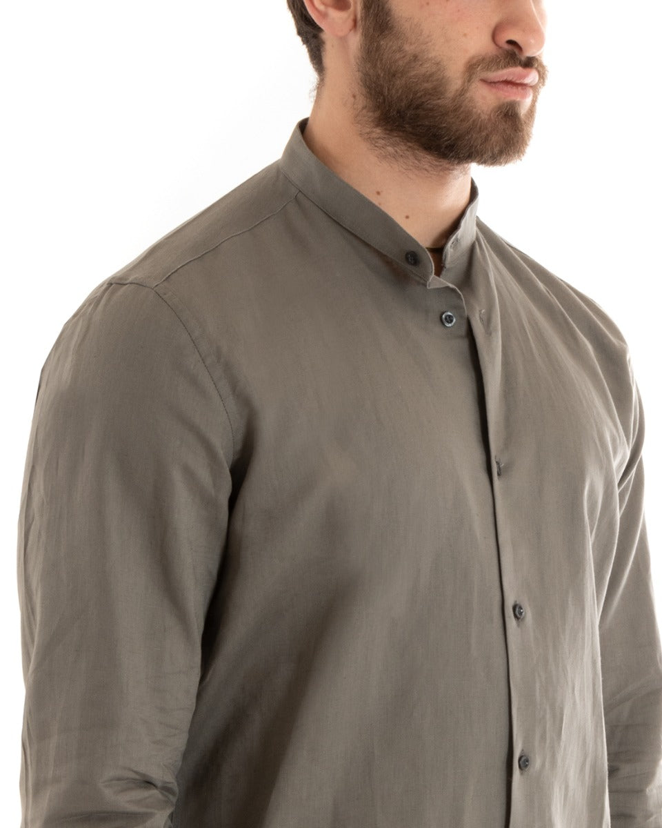 Camicia Uomo Lino Collo Coreano Sartoriale Morbida Tinta Unita Fango GIOSAL-C2672A