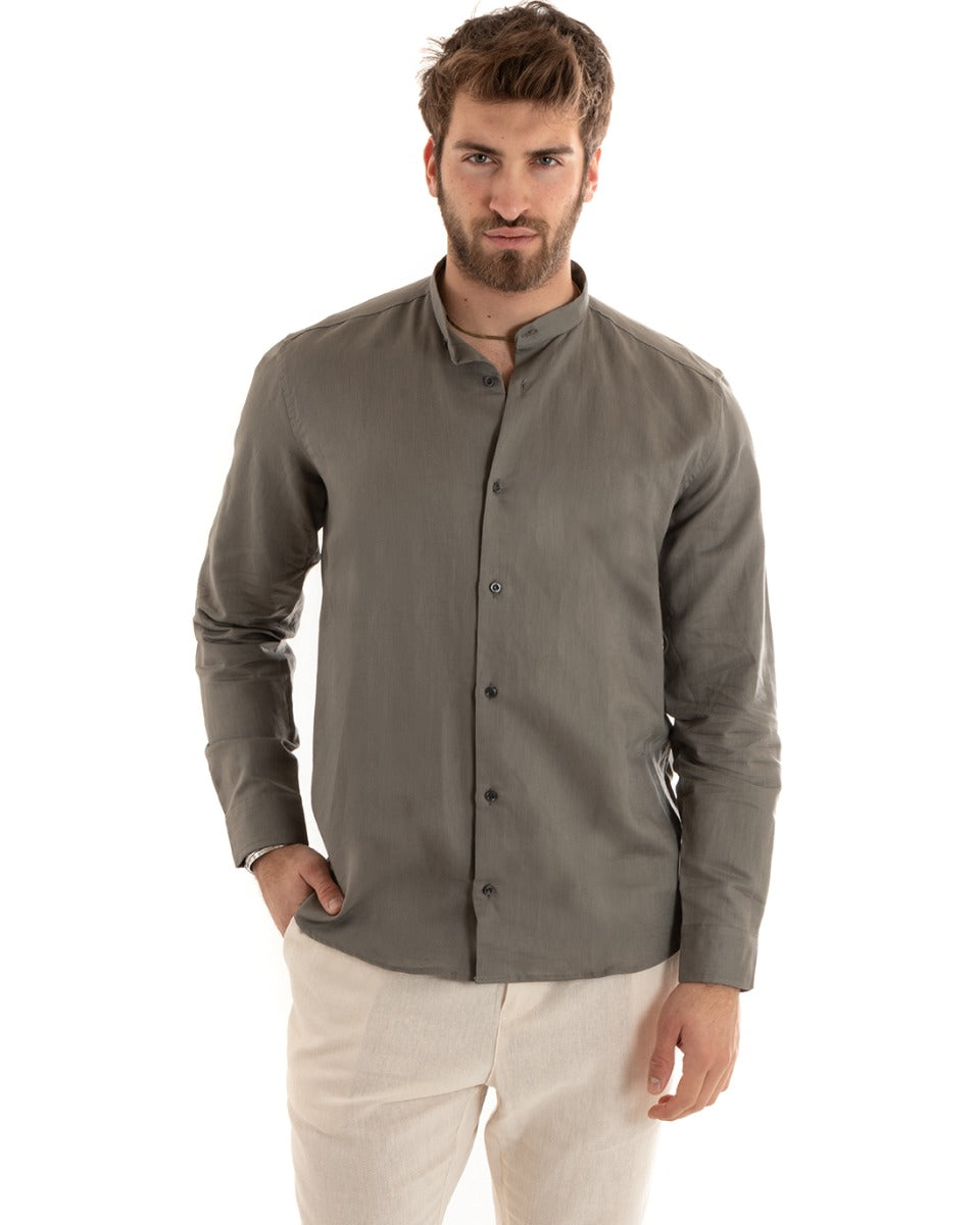 Camicia Uomo Lino Collo Coreano Sartoriale Morbida Tinta Unita Fango GIOSAL-C2672A