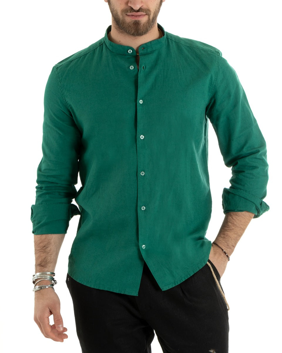 Camicia Uomo Lino Collo Coreano Sartoriale Morbida Tinta Unita Verde P