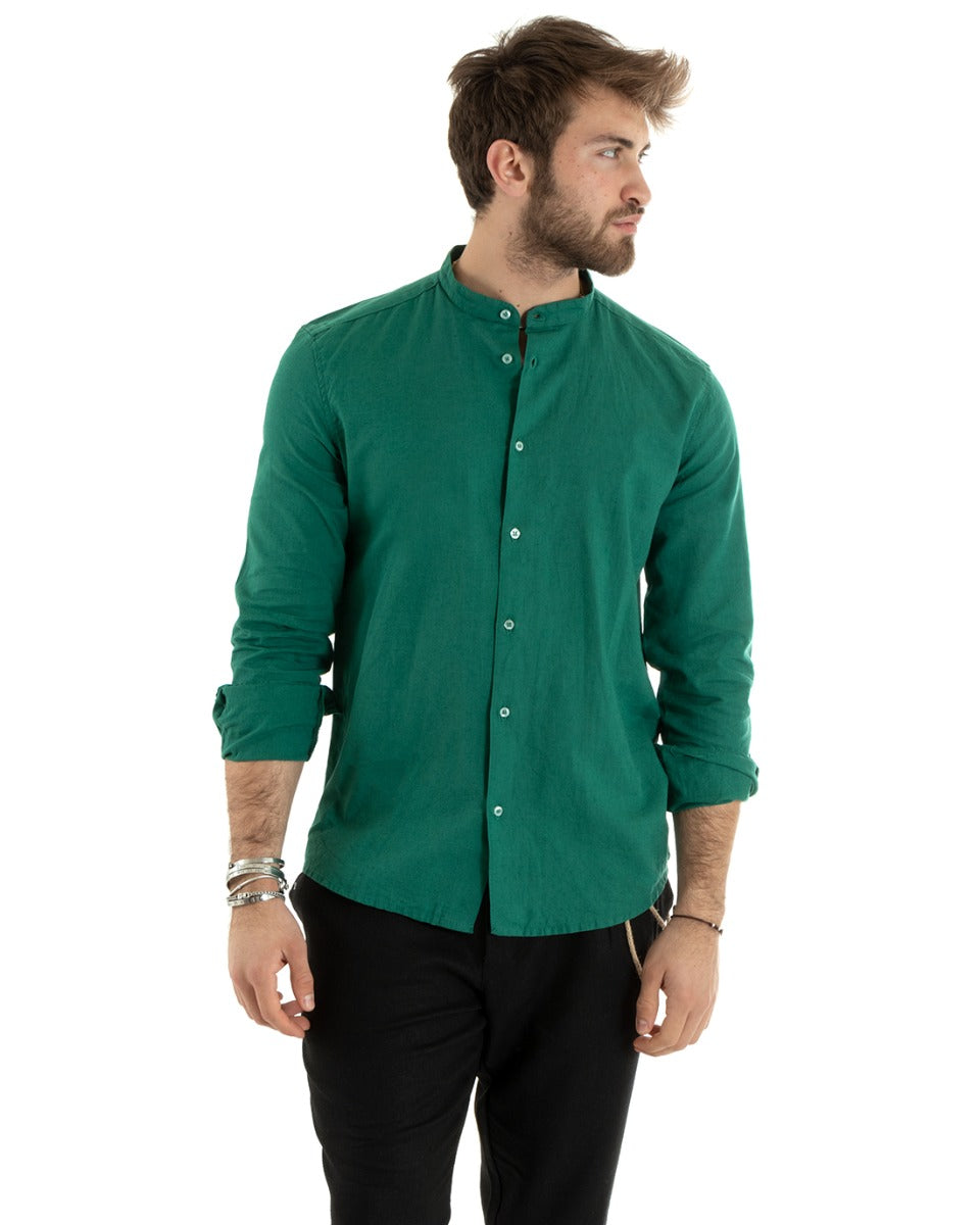 Camicia Uomo Lino Collo Coreano Sartoriale Morbida Tinta Unita Verde Petrolio GIOSAL-C2673A