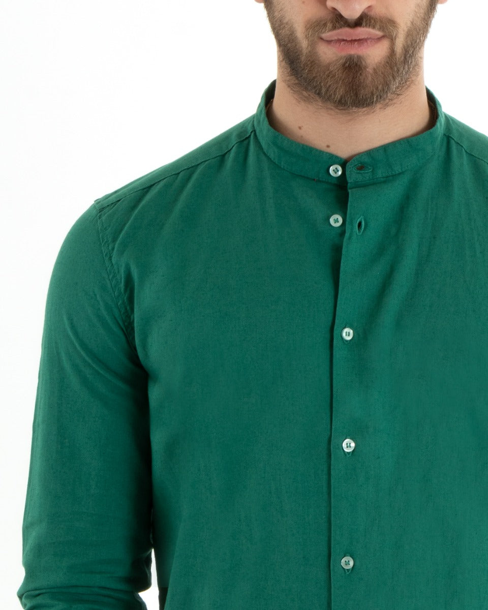 Camicia Uomo Lino Collo Coreano Sartoriale Morbida Tinta Unita Verde Petrolio GIOSAL-C2673A