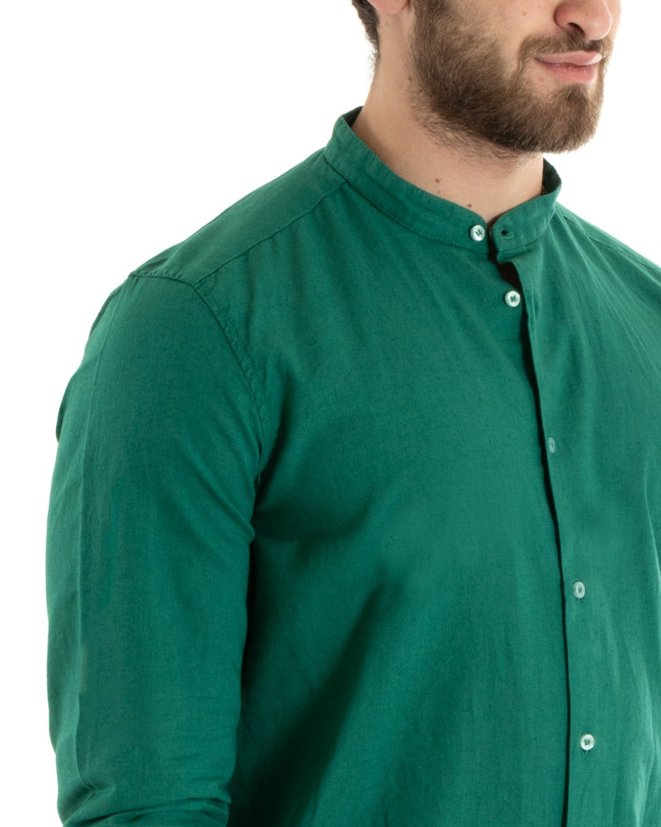 Camicia Uomo Lino Collo Coreano Sartoriale Morbida Tinta Unita Verde Petrolio GIOSAL-C2673A
